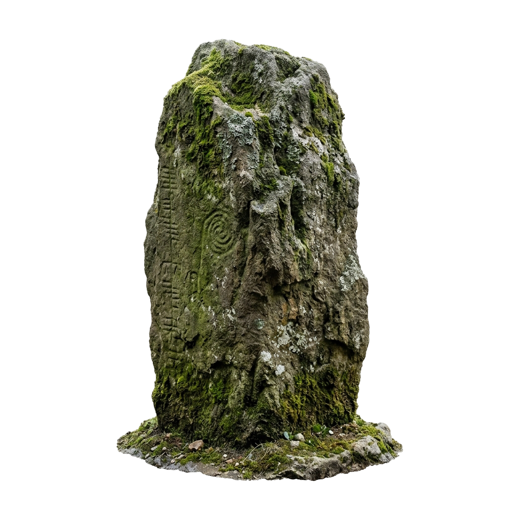 Moss-covered ancient stone with carved symbols and patterns.