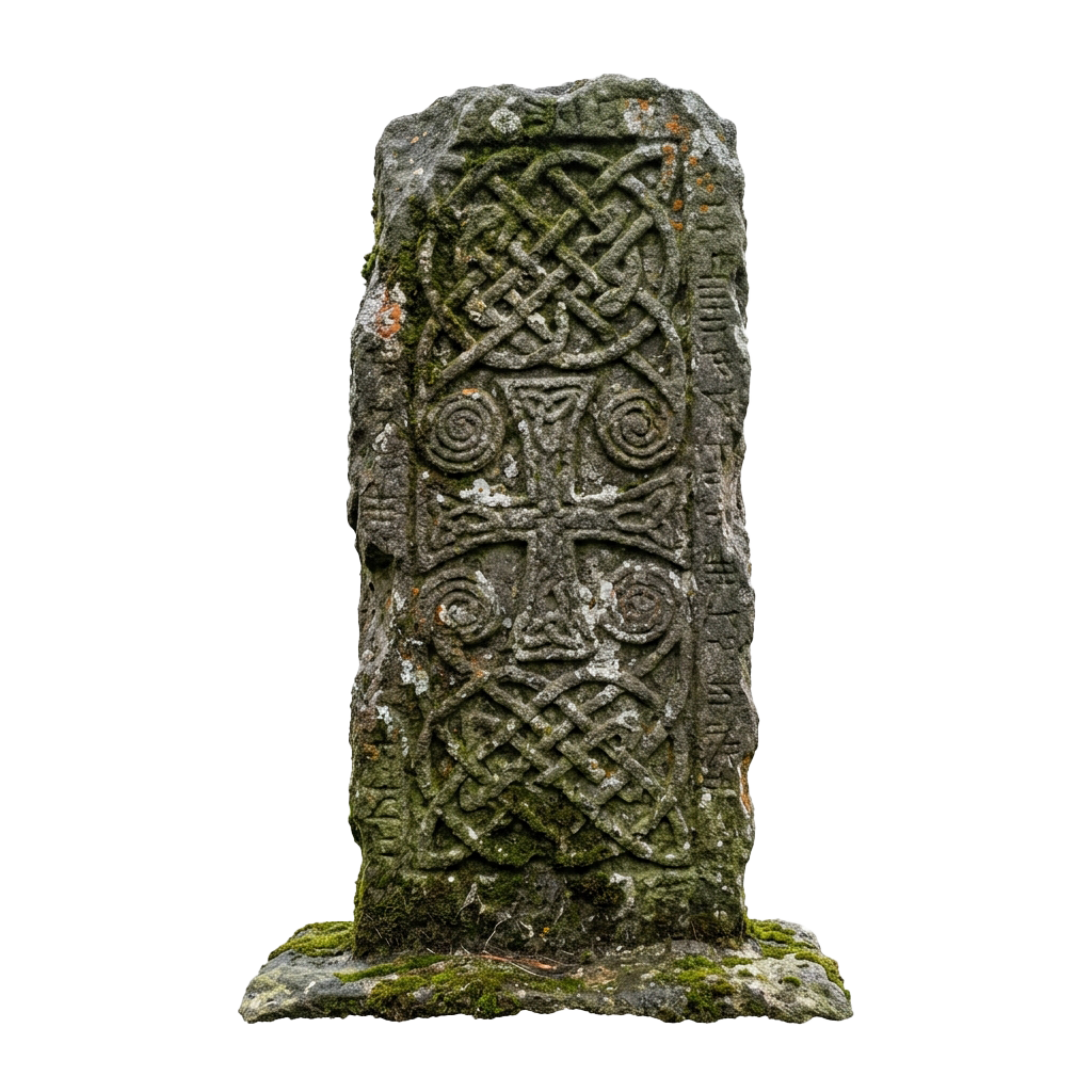 Weathered stone carving featuring intricate Celtic knotwork and spiral patterns.