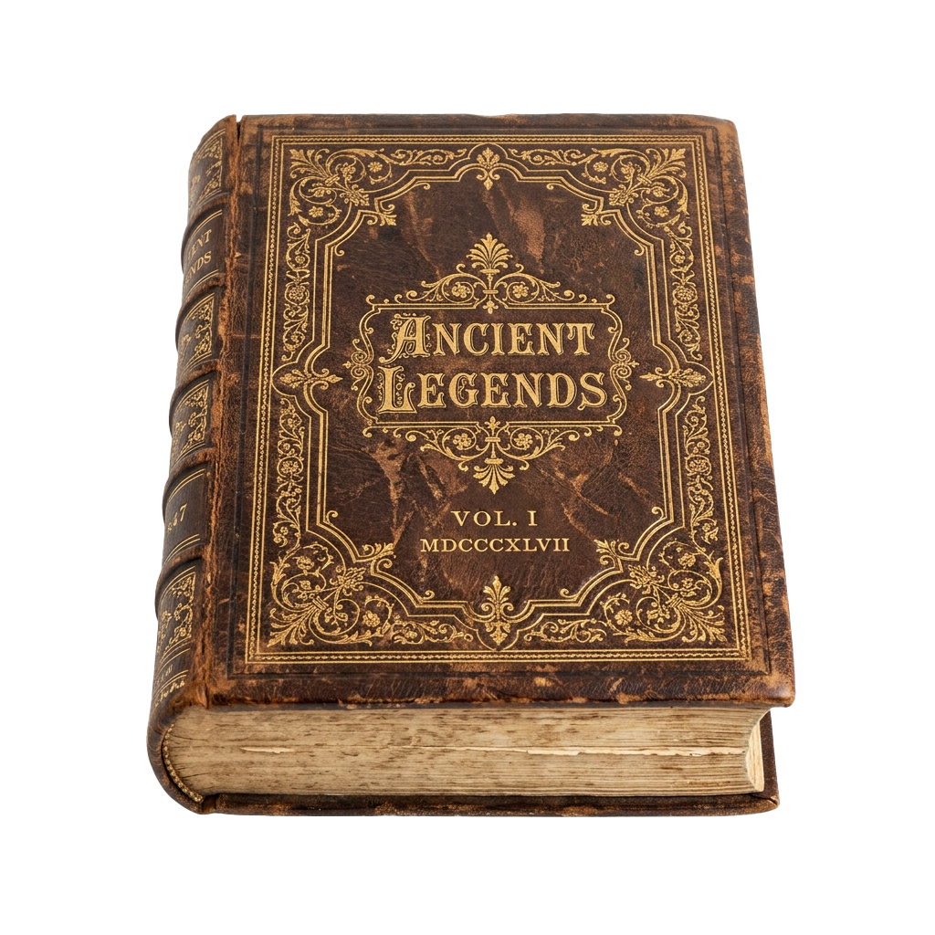 Old leather-bound book titled Ancient Legends Volume I from 1847 with ornate gold detailing