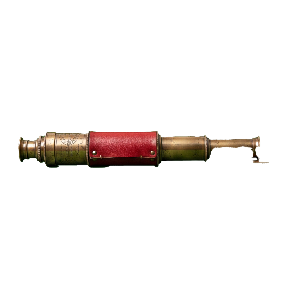 A brass telescope with a red leather section in the middle, displayed against a black background