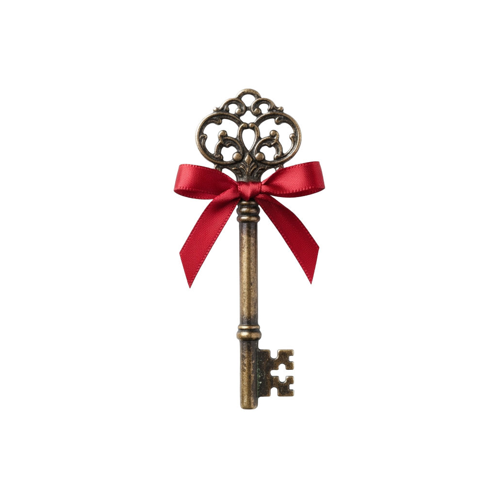 An ornate antique brass key tied with a red velvet ribbon against a black background