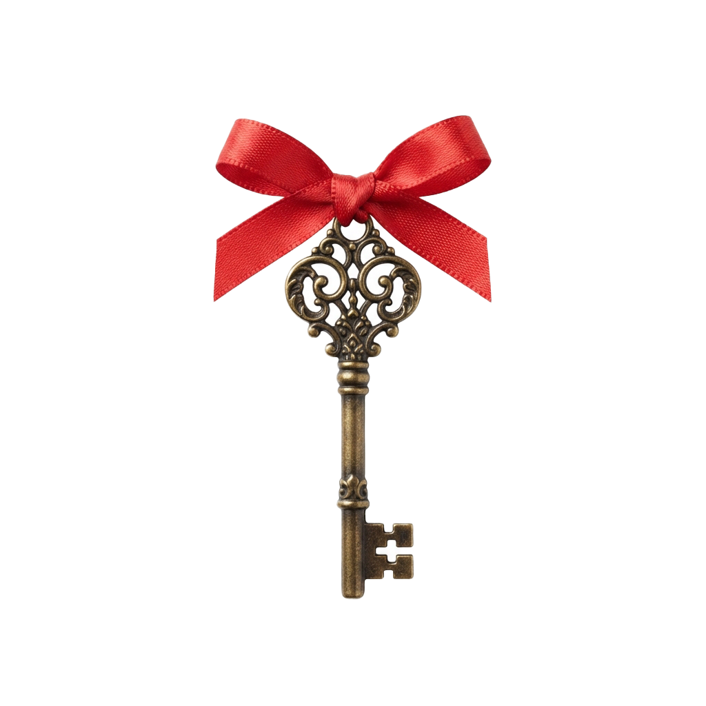 An intricately designed antique-style key with a decorative bow made of red satin ribbon tied around the top.