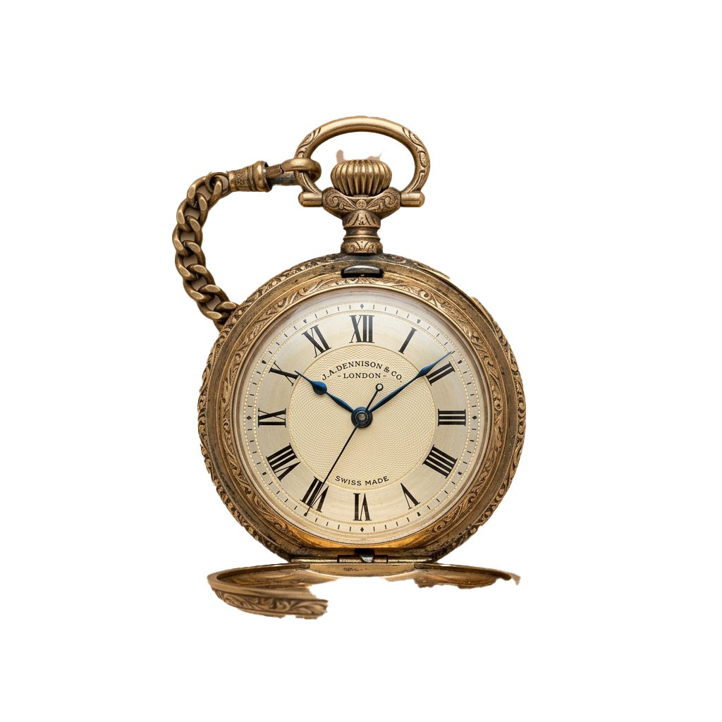 An antique gold pocket watch with Roman numerals, a chain, and Swiss Made marking