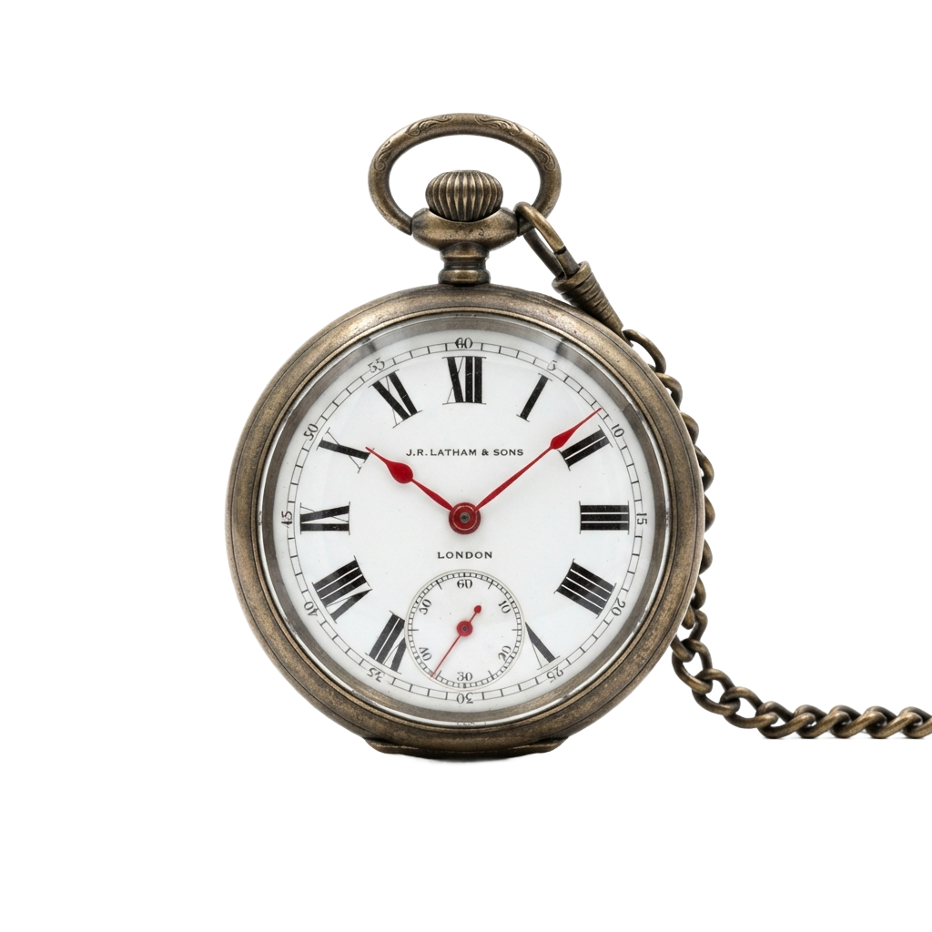 Antique pocket watch with Roman numerals, red hands, and a small sub-dial, attached to a chain