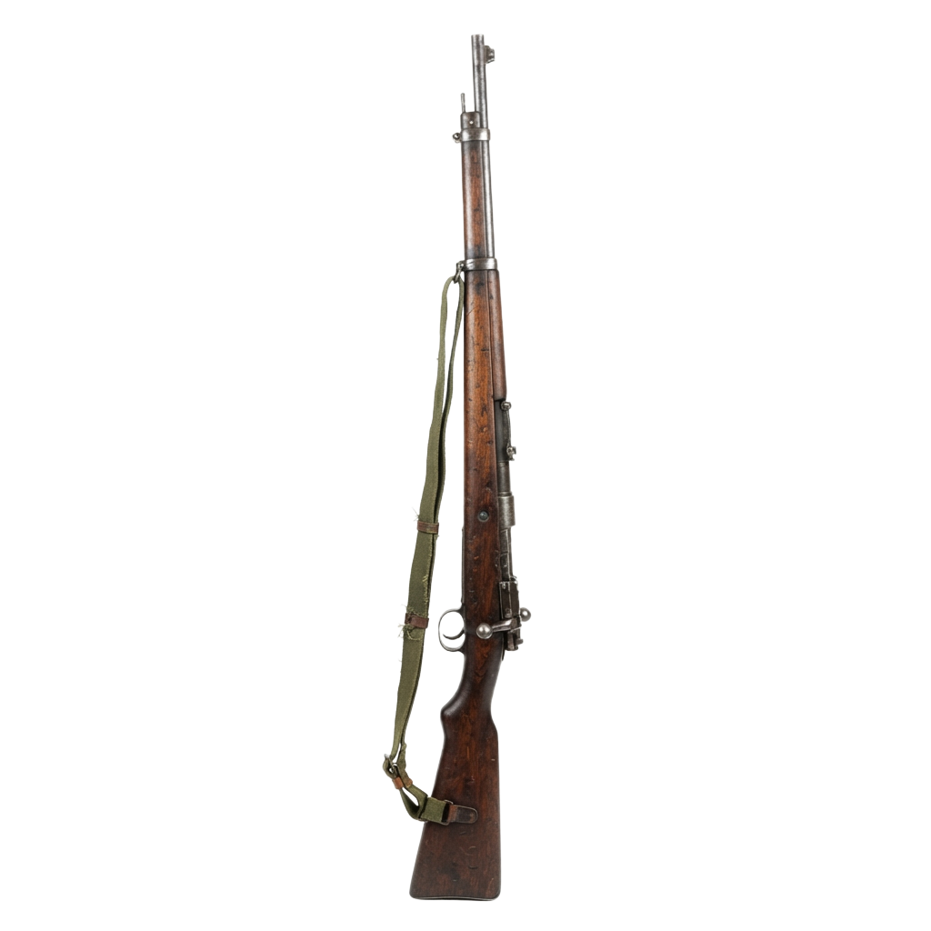 A vintage bolt-action rifle with wooden stock and metal barrel shown upright against a dark background