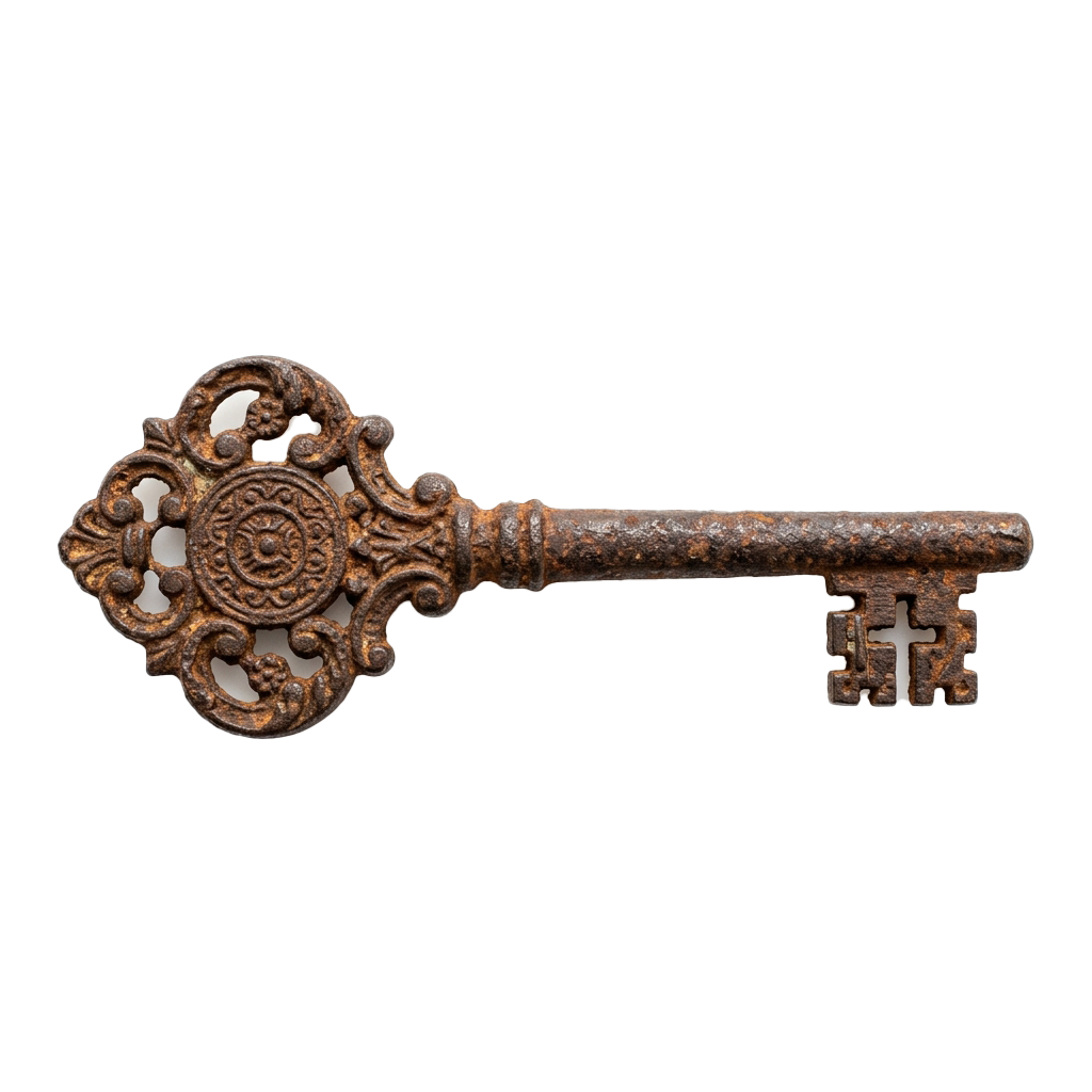 An antique, rusted iron key with a decorative bow and intricate patterns on the head.