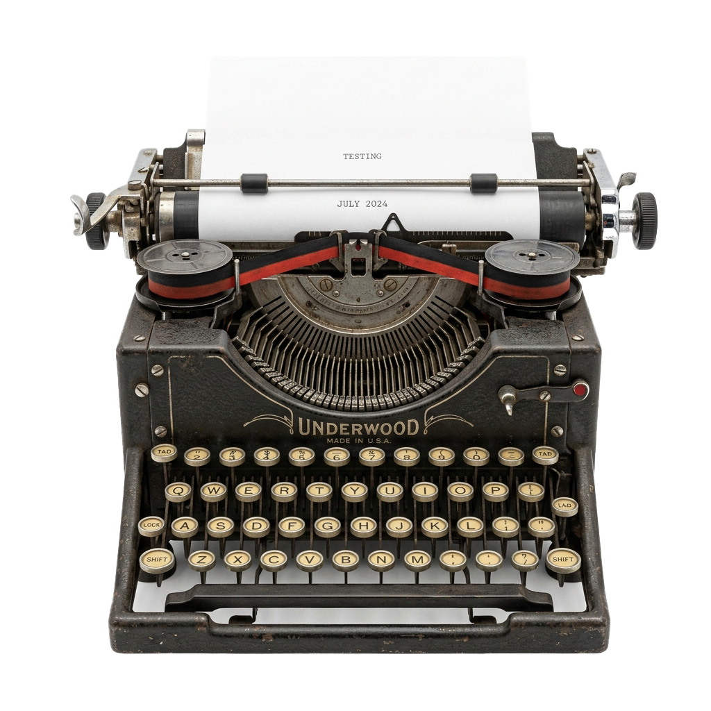 A vintage Underwood typewriter displaying a QWERTY keyboard with a paper roll showing TESTING and July 2024