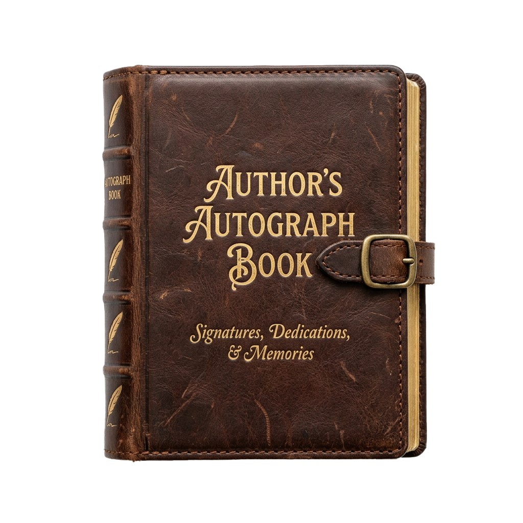 Brown leather autograph book with gold embossed text reading Authors Autograph Book and subtitles