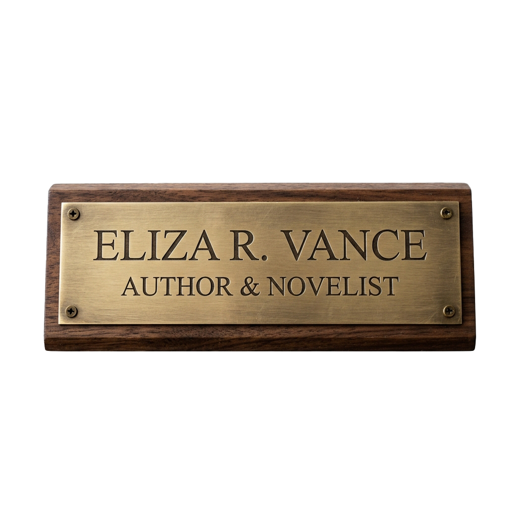 Gold and wood nameplate with the text Eliza R Vance Author and Novelist