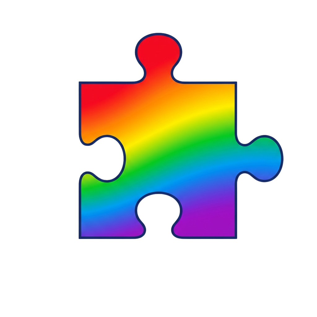 A puzzle piece filled with rainbow gradient colors from red to violet