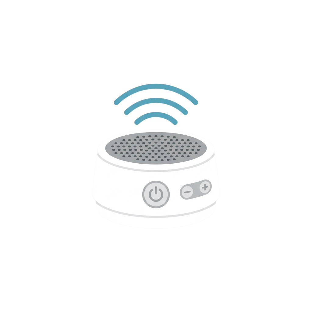 A white wireless speaker with a power button and volume controls