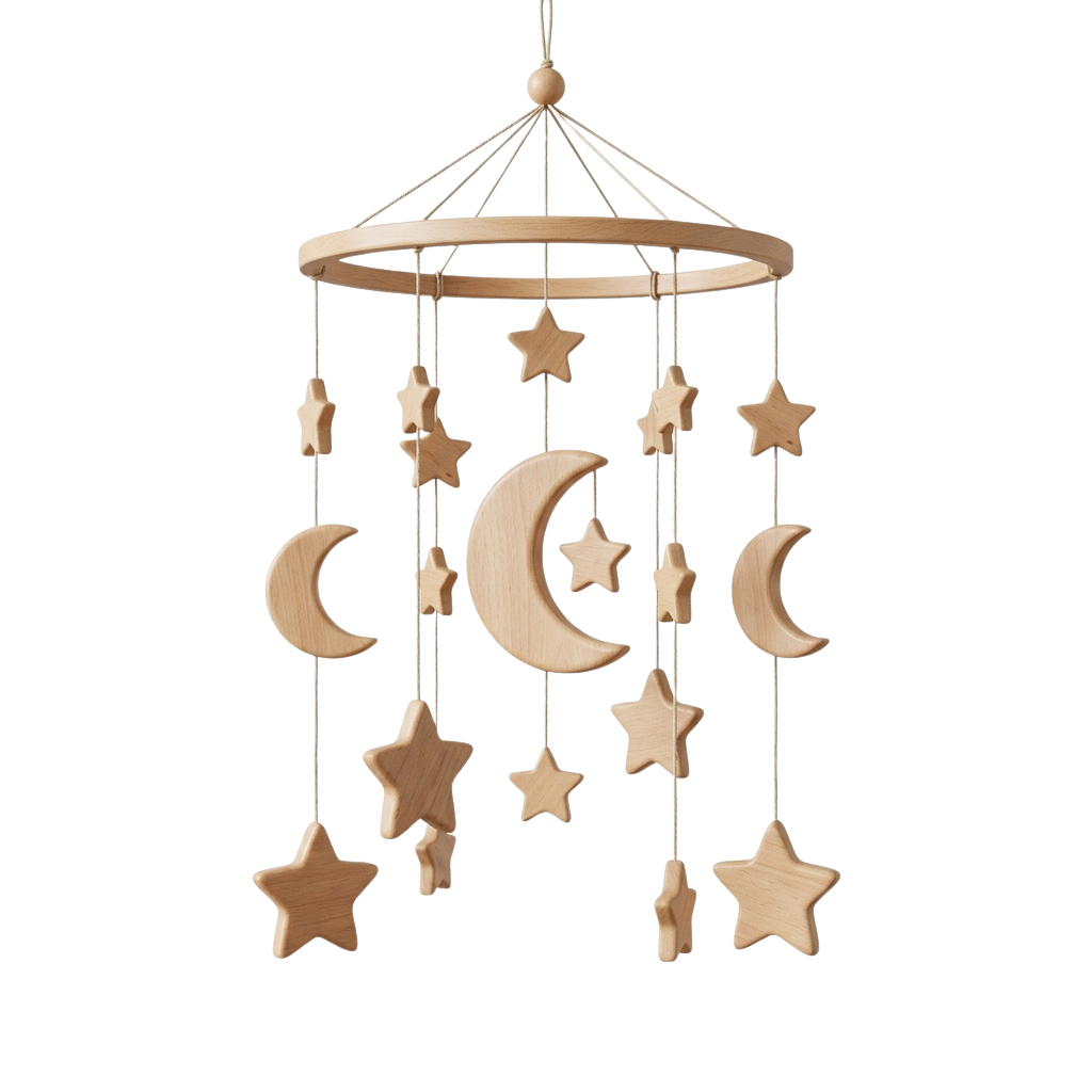 A wooden mobile with stars and moons hanging from a circular frame
