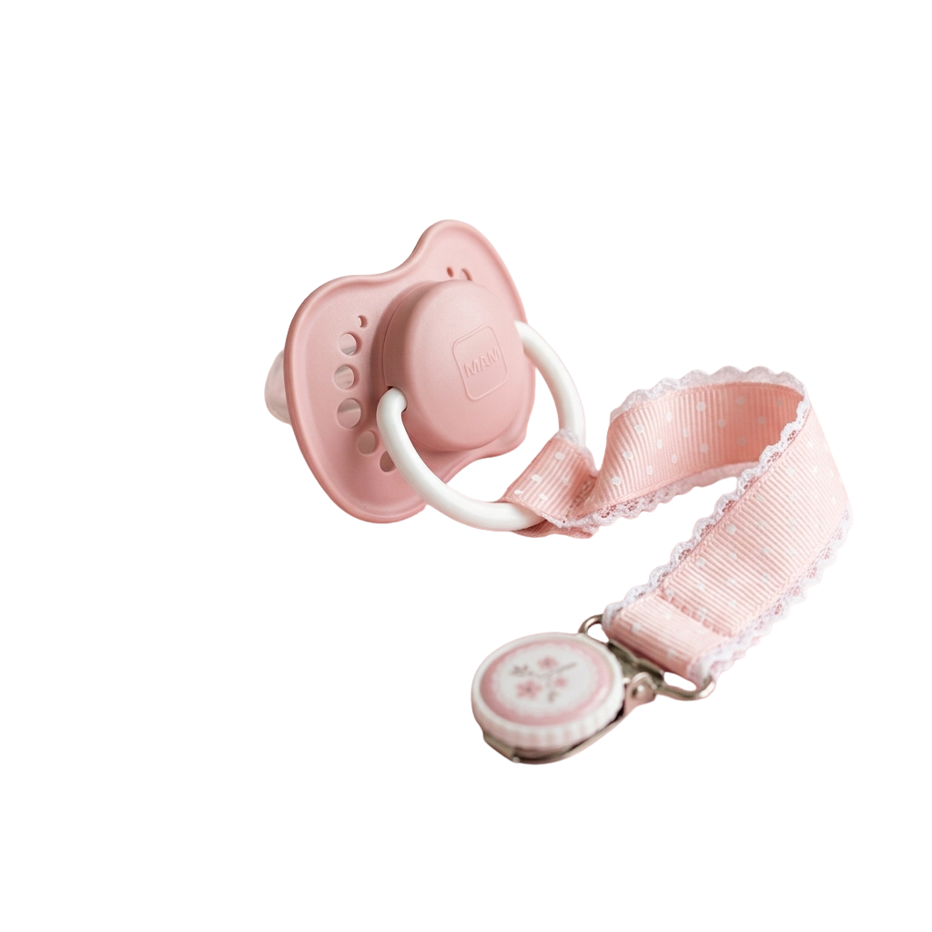 A pink pacifier with a white handle and pink strap