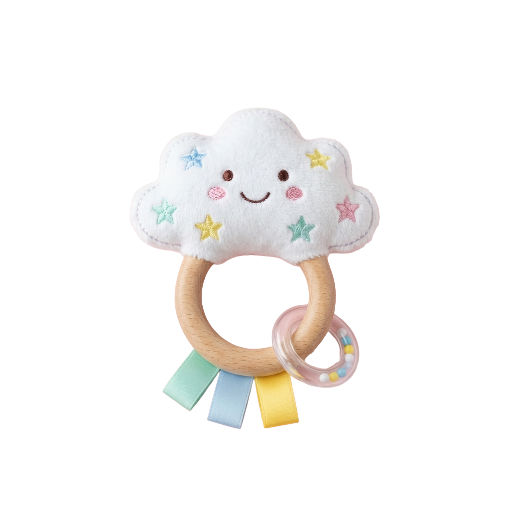 A soft white cloud-shaped baby toy with colorful stars and ribbons