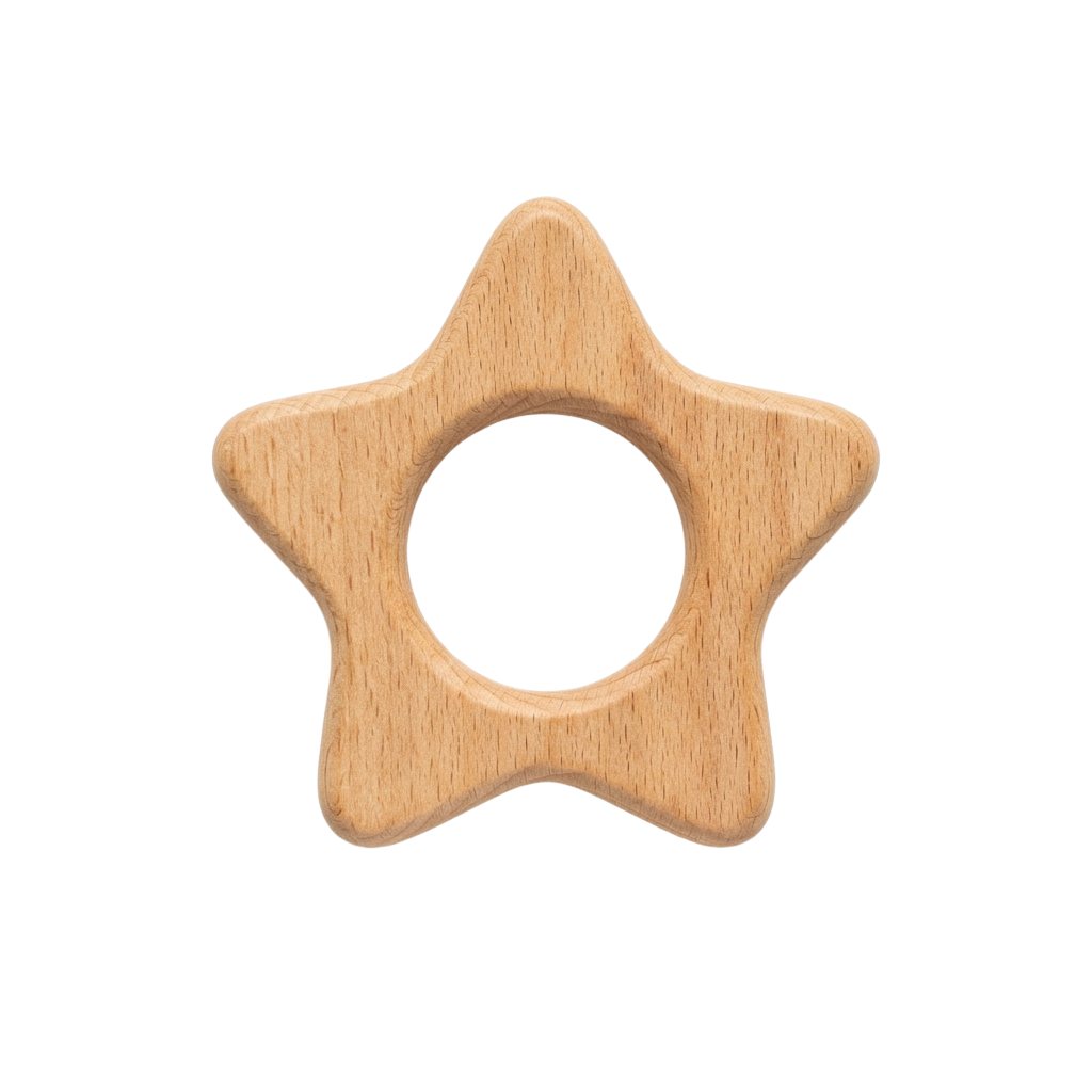 A light brown wooden star shaped teether toy with a hole in the middle