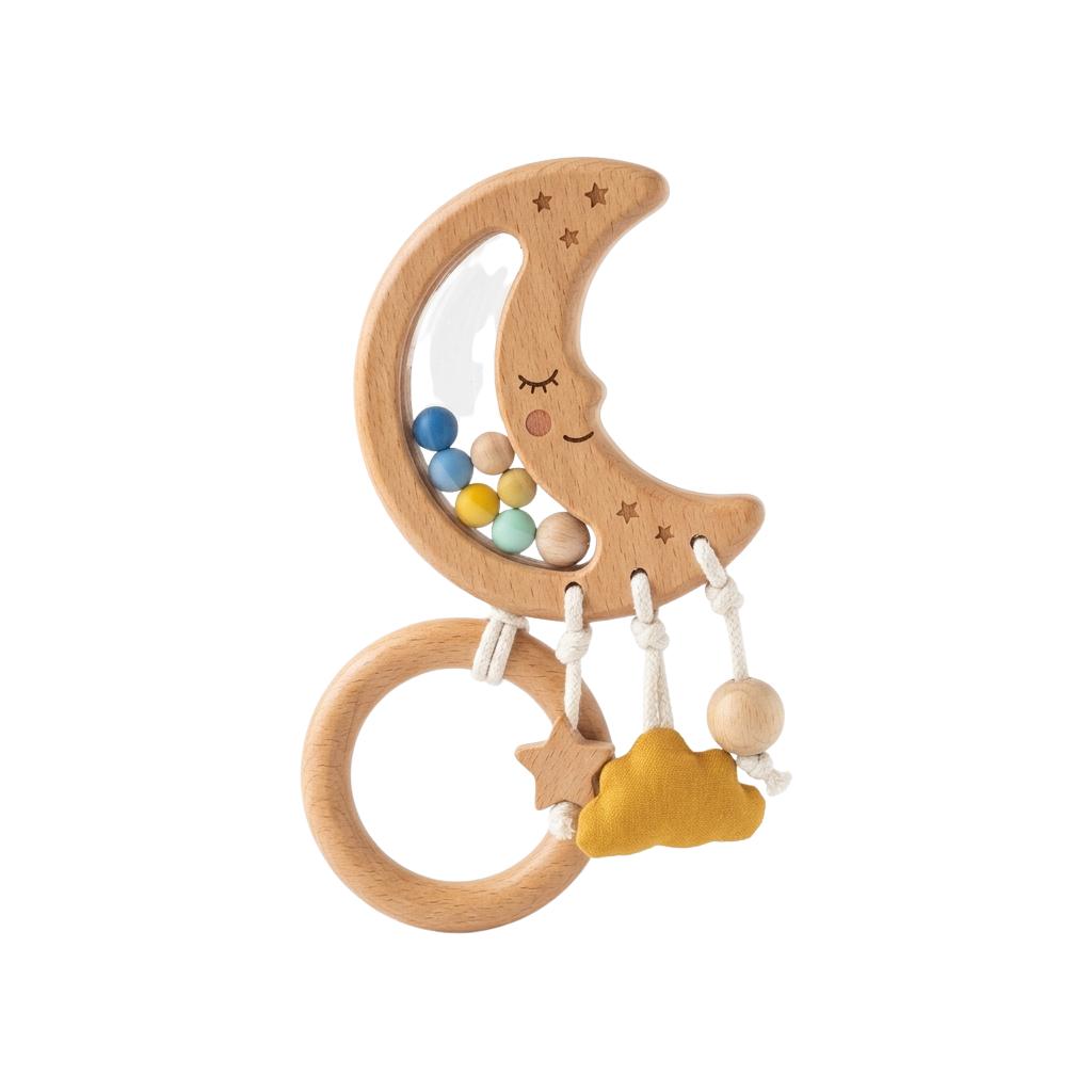 A wooden baby teether toy shaped like a smiling moon with beads