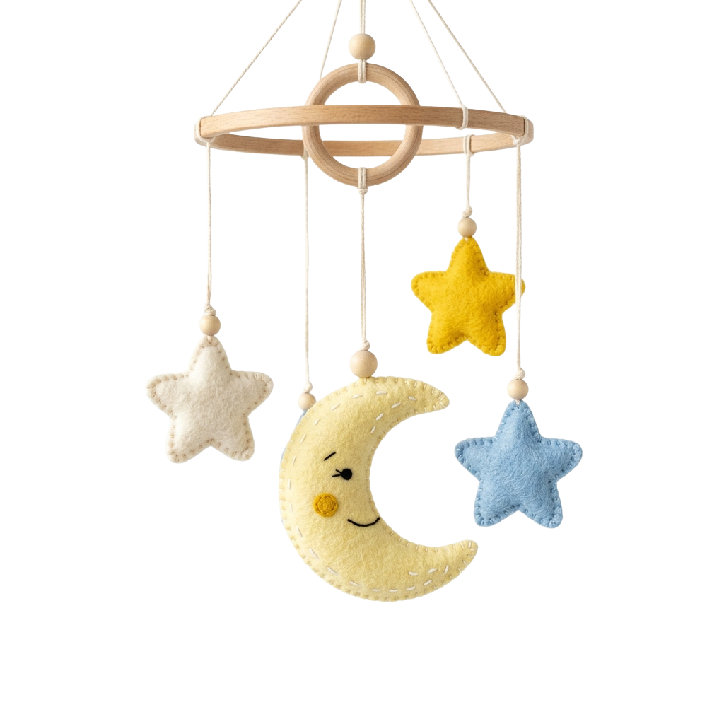 a baby mobile with a yellow moon and three stars