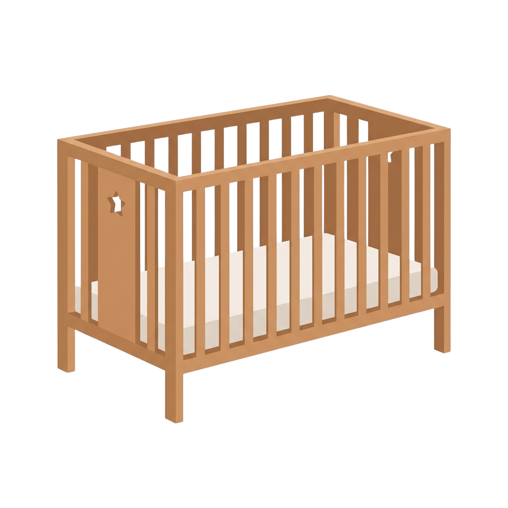 A light brown wooden baby crib with a white mattress