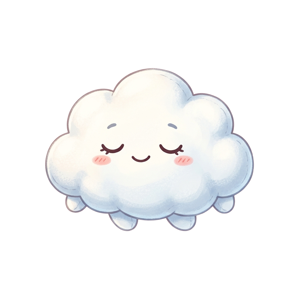 A cartoon cloud with a smiling face and rosy cheeks