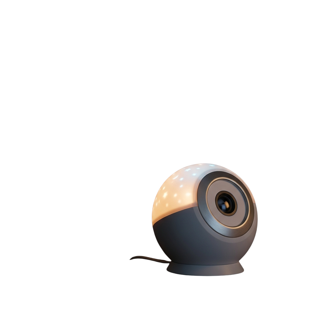 A small gray spherical security camera with a lens and night vision lights