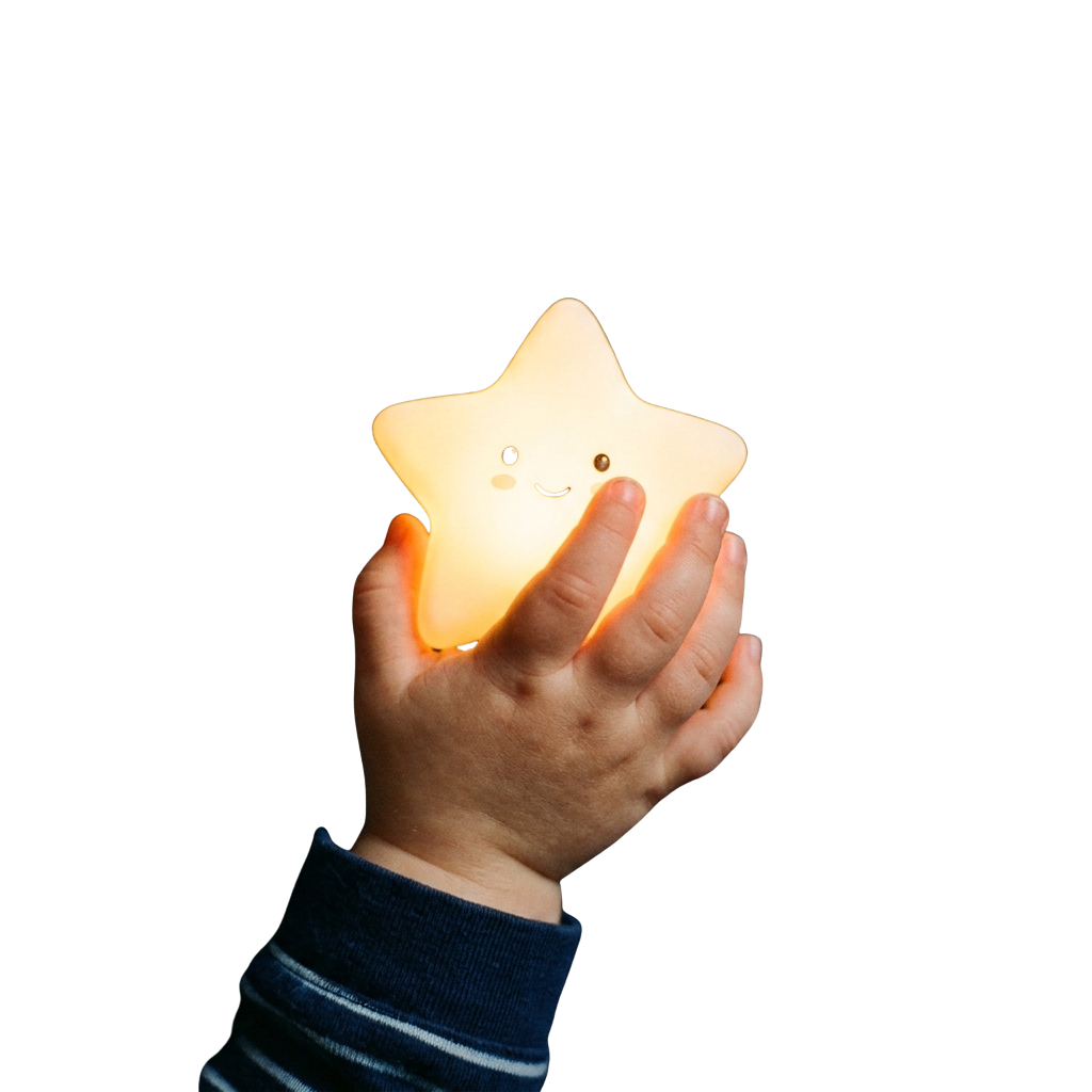 A child's hand holding a glowing star shaped nightlight
