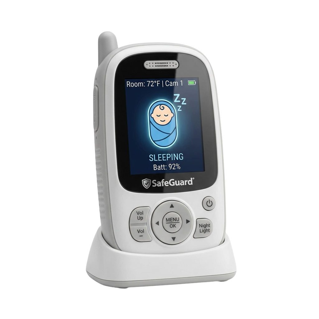 A white baby monitor with a screen showing a sleeping baby
