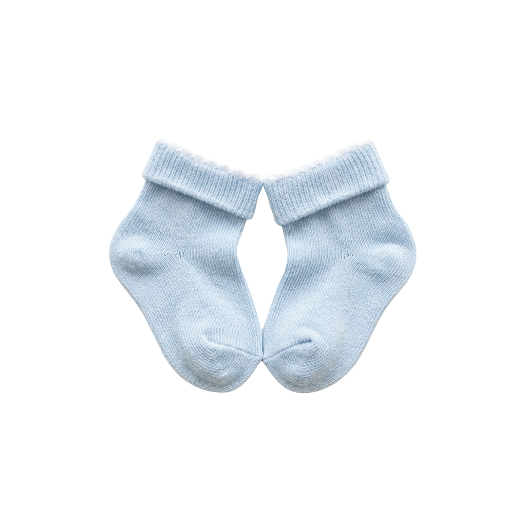 A pair of light blue baby socks on a black background