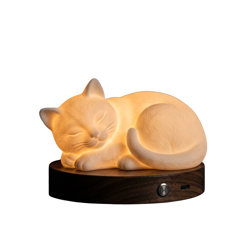 A sleeping cat lamp with a warm glow on a wooden base