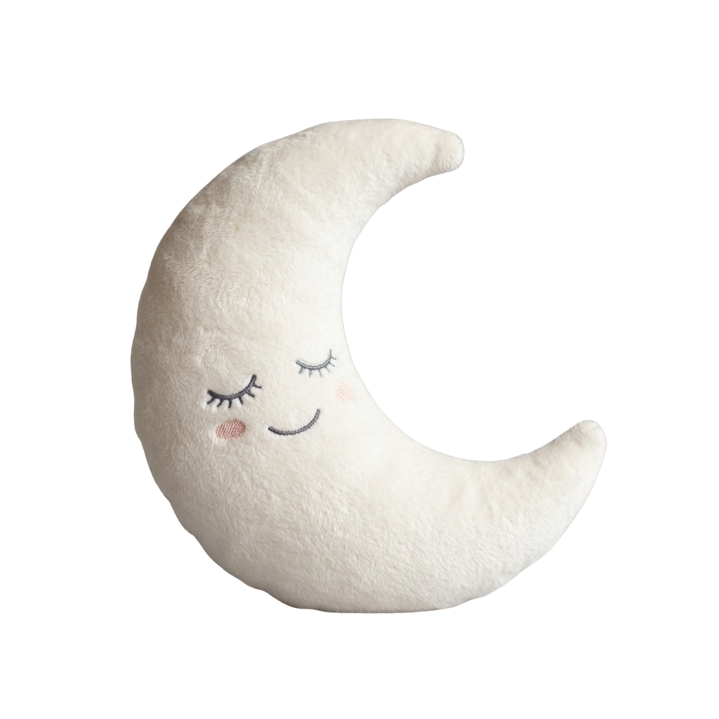 A white crescent moon plush toy with a smiling face and closed eyes