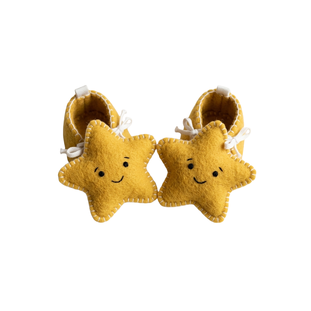 A pair of yellow star shaped baby shoes with white laces