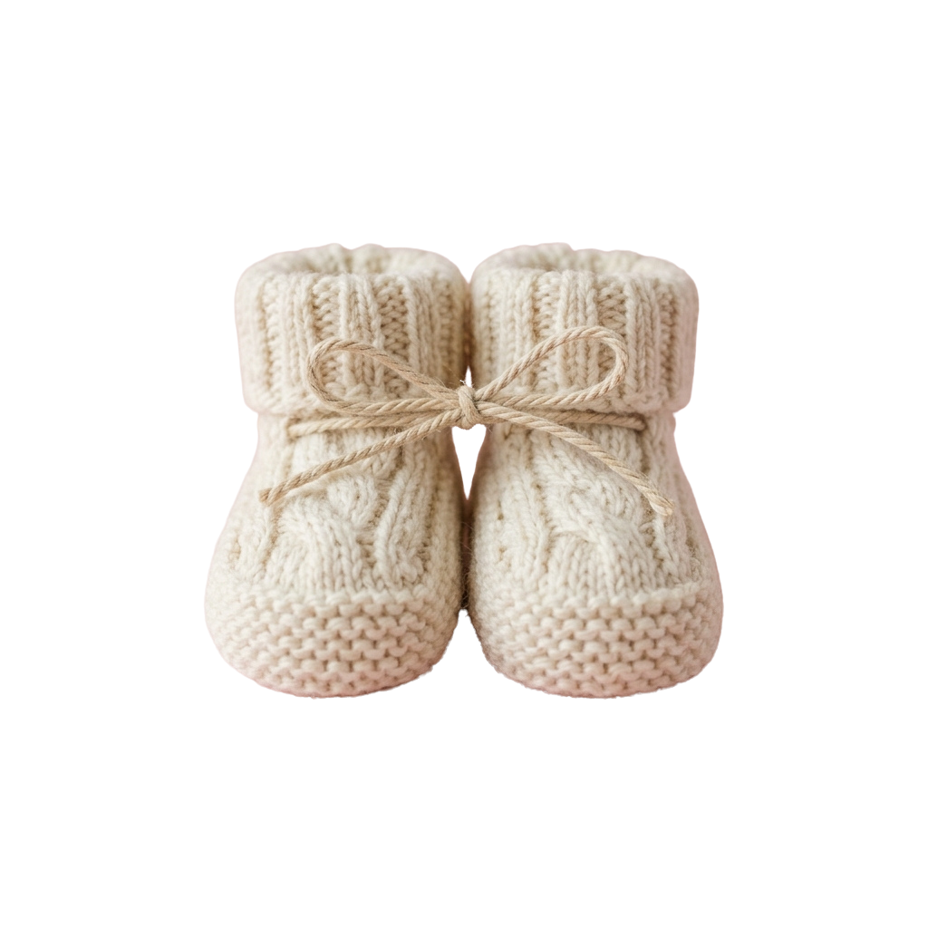 A pair of cream-colored knitted baby booties with a beige lace