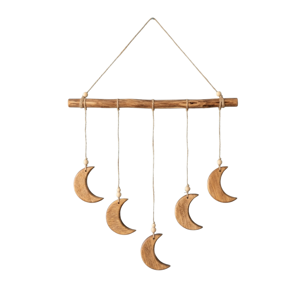 A wooden crescent moon mobile with five moons hanging from a branch
