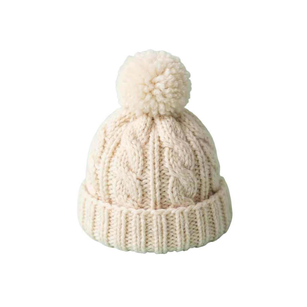 A cream colored knitted hat with a pom pom on top