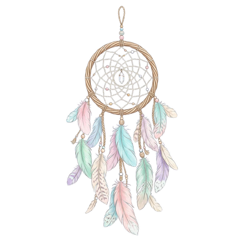 Dreamcatcher with pastel feathers and beads on a black background