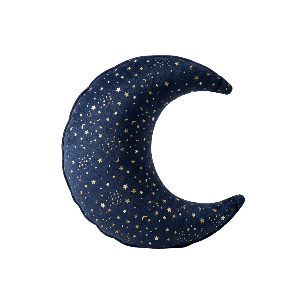 A dark blue crescent moon shaped pillow with gold stars and moons on it