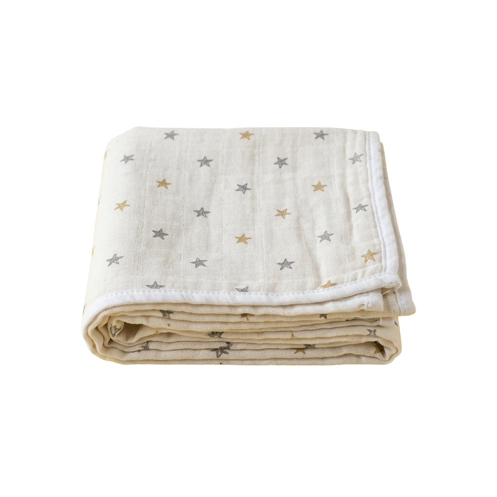 A folded white blanket with gold and gray stars on a black background