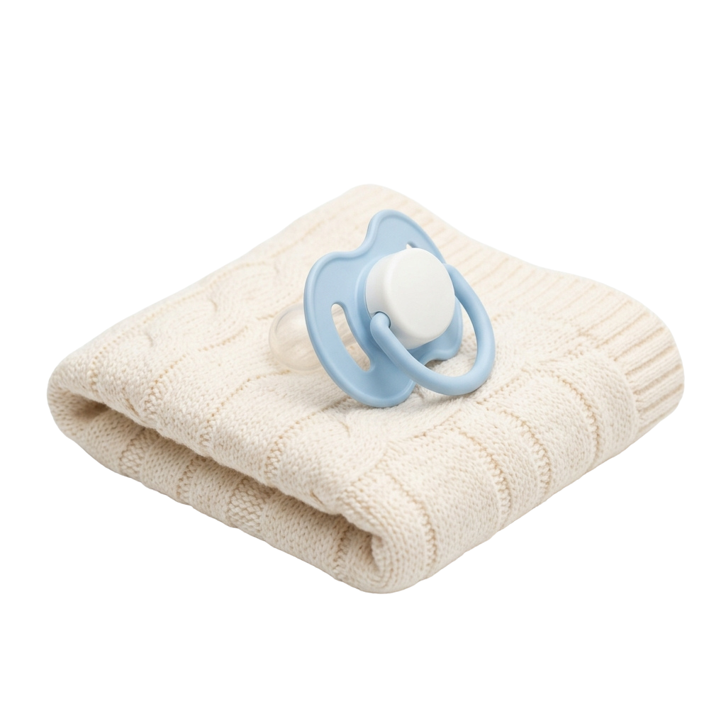A blue baby pacifier on a folded white towel