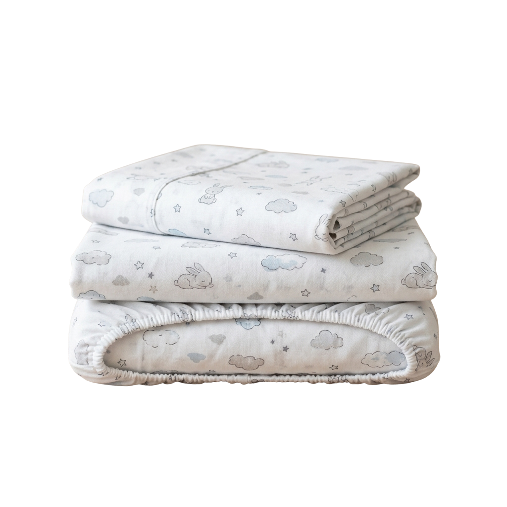 Stack of three white baby blankets with cloud and bunny print
