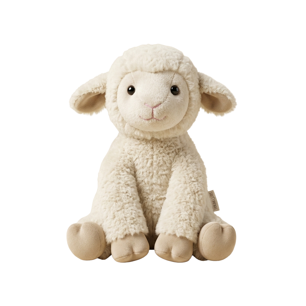 A white stuffed lamb with black eyes and a pink nose