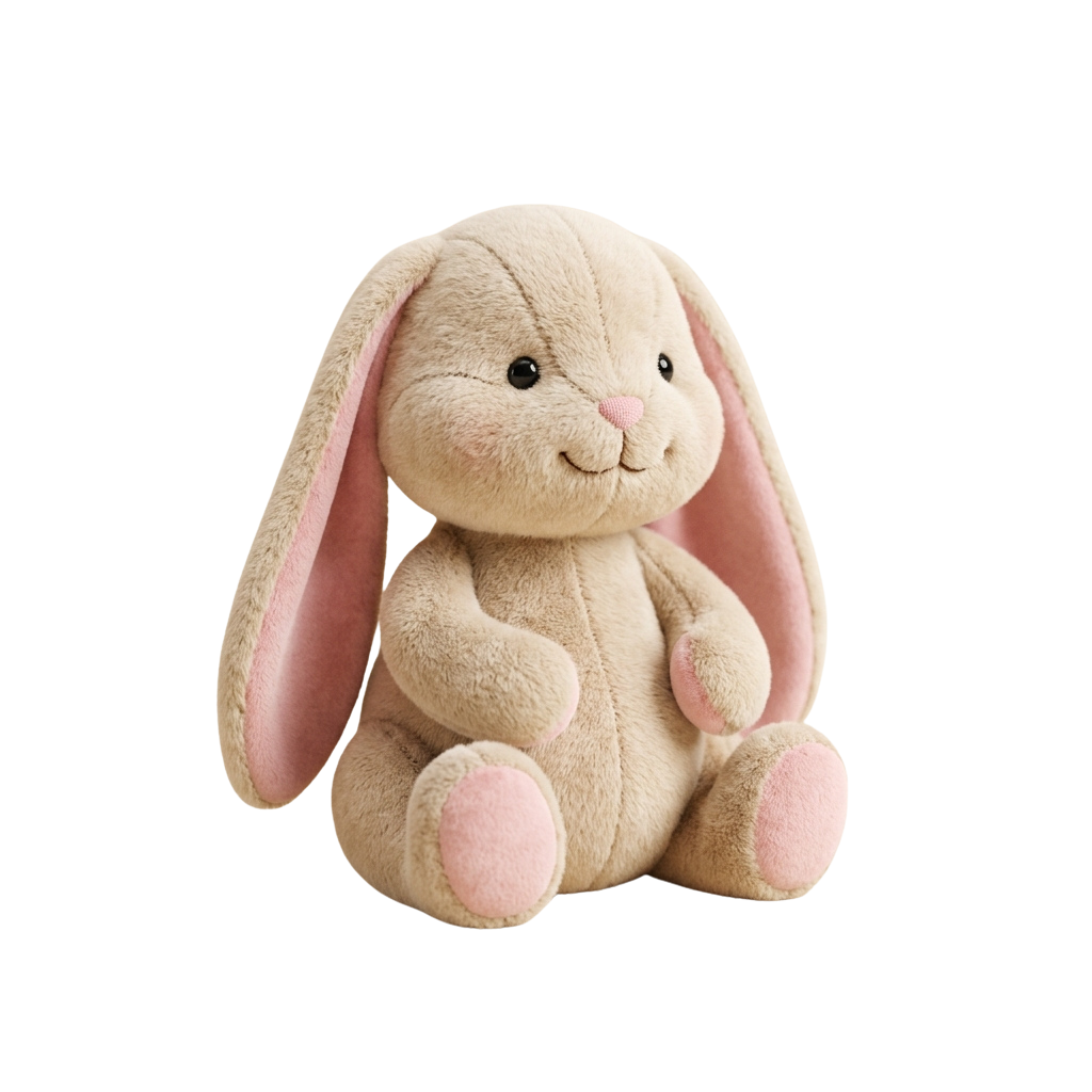 A plush toy bunny with long ears and pink accents