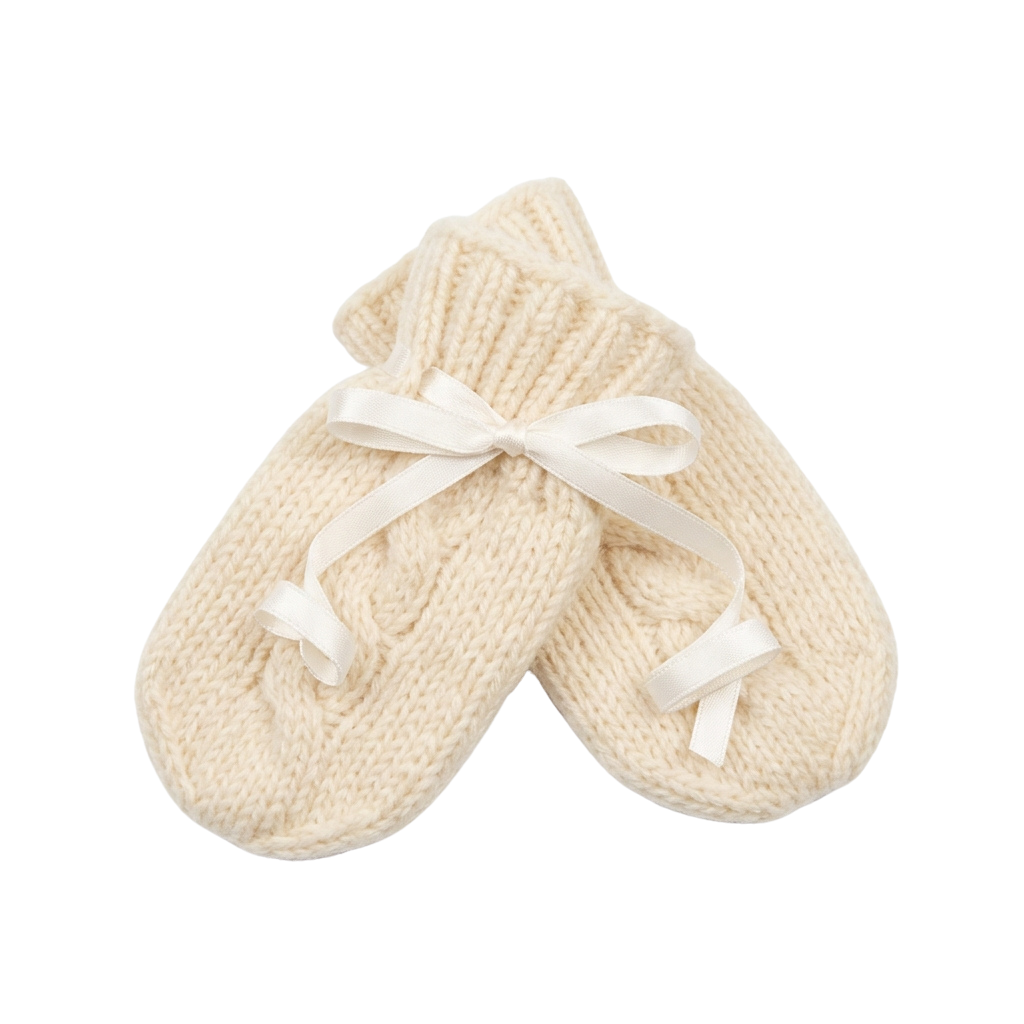 A pair of cream-colored knitted mittens with white ribbons