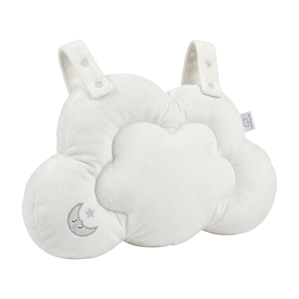 A white cloud shaped baby neck pillow with a moon and star embroidered on it