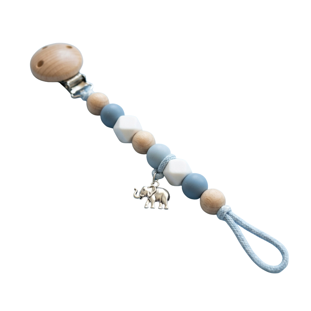 A baby pacifier clip with wooden, blue and white beads and a small elephant charm