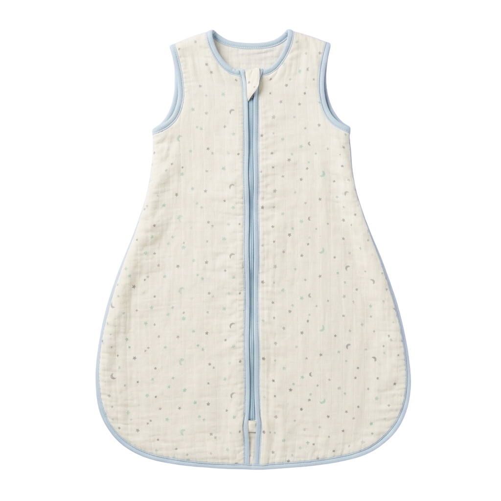 A white baby sleep sack with a moon pattern and light blue trim