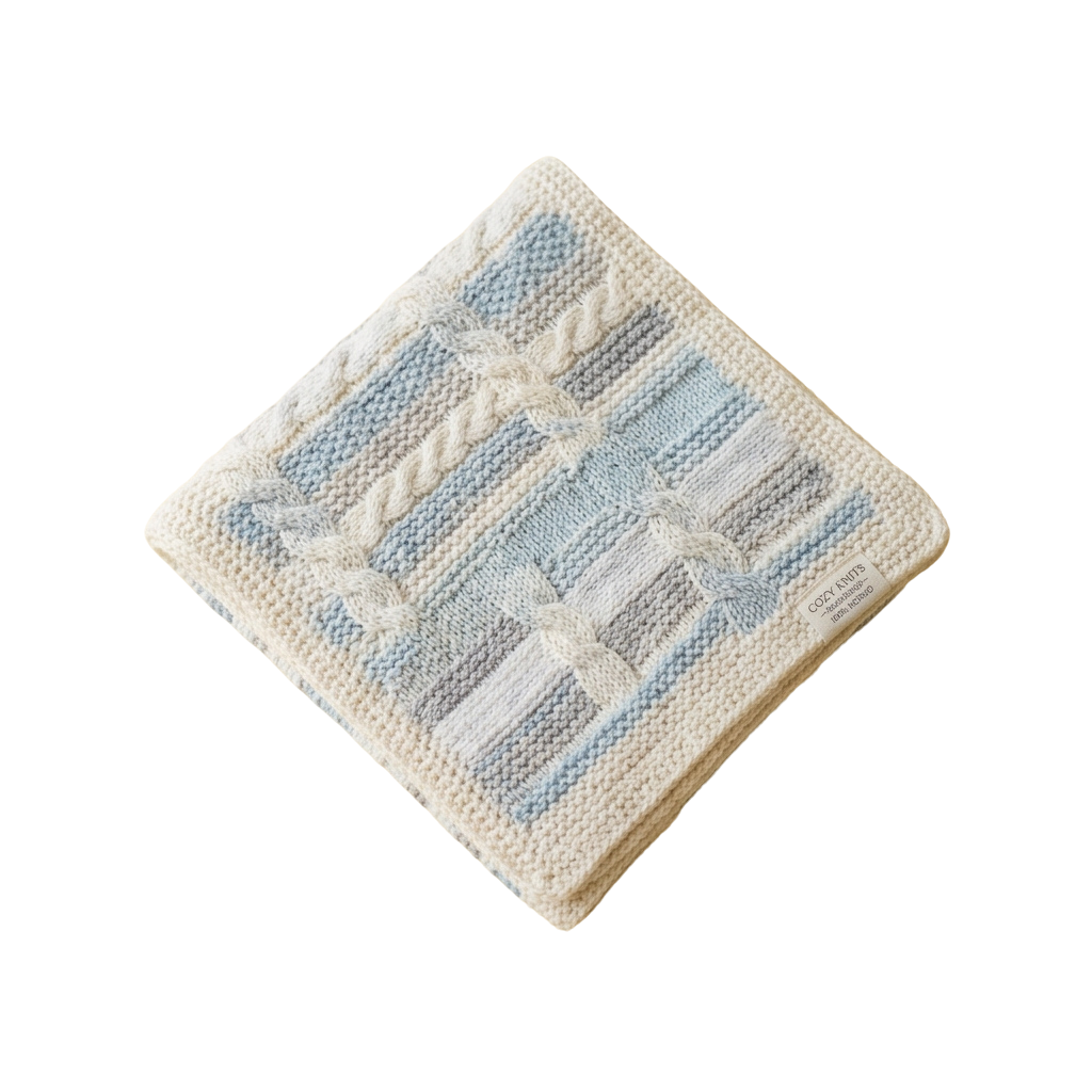 A square woven coaster with blue and white stripes and braided details