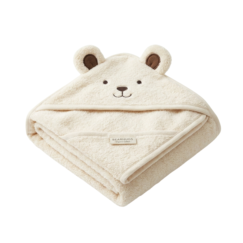 A folded cream-colored hooded towel with a bear face on the hood