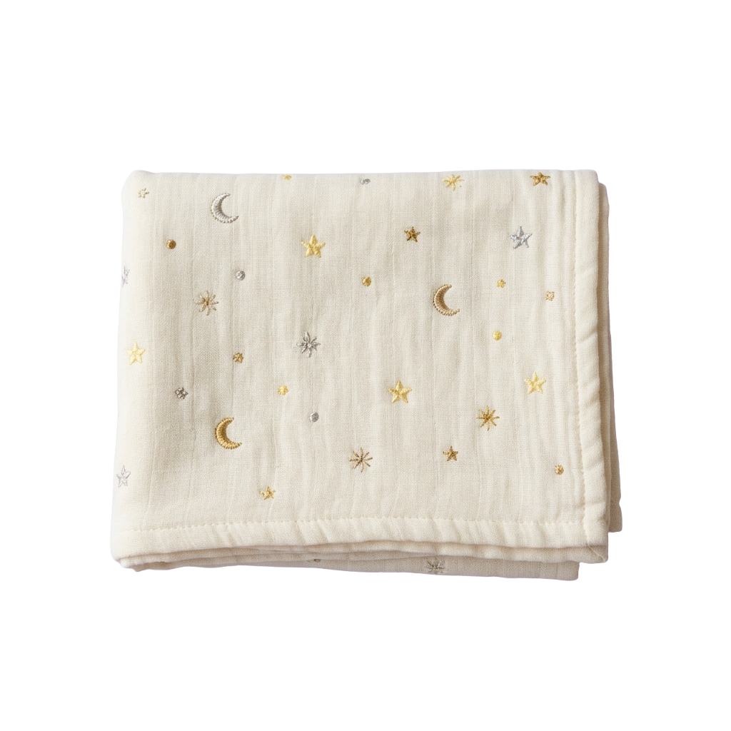 a folded cream colored blanket with embroidered stars and moons