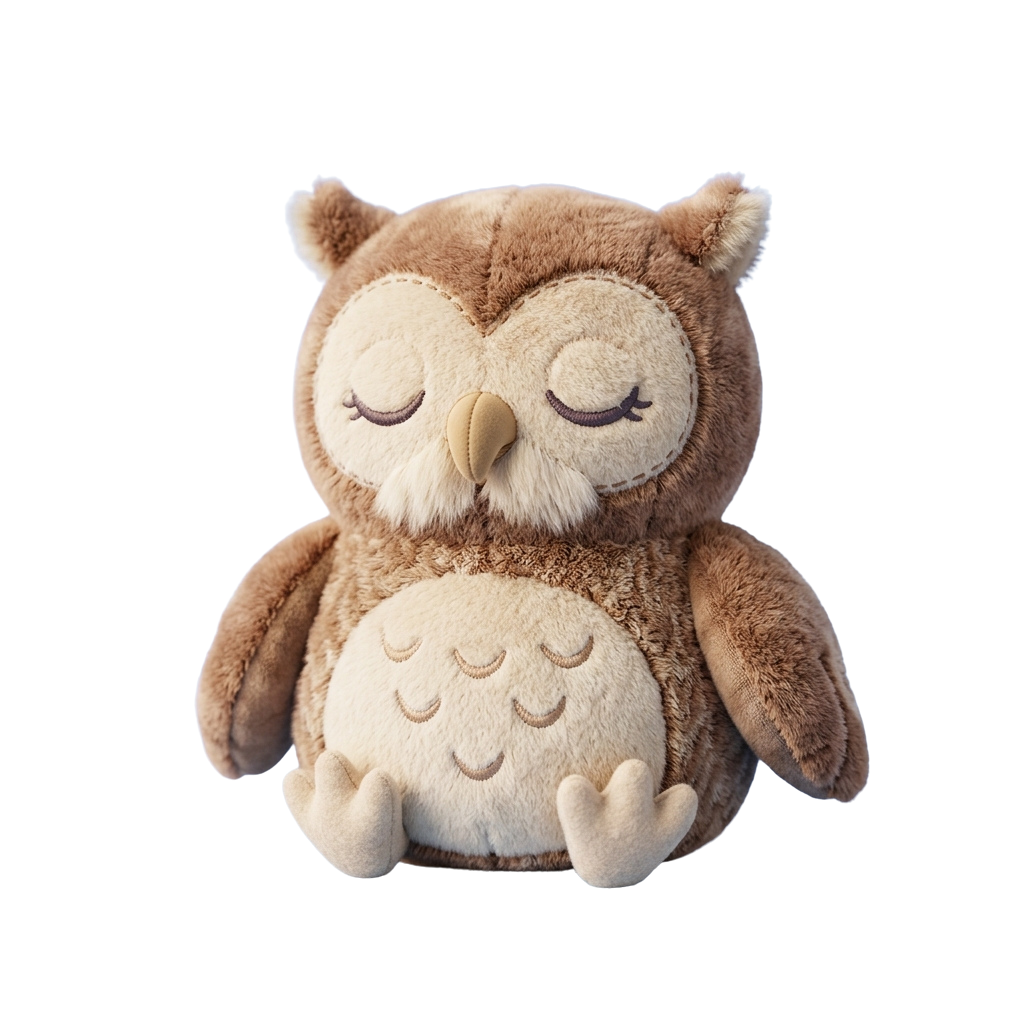 A brown and white owl plush toy with closed eyes