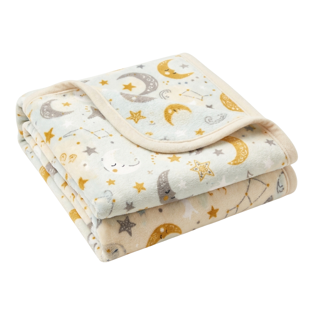A folded baby blanket with a pattern of stars and moons on a white background