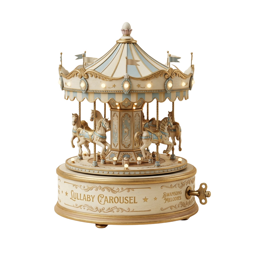 A gold and white carousel music box with horses